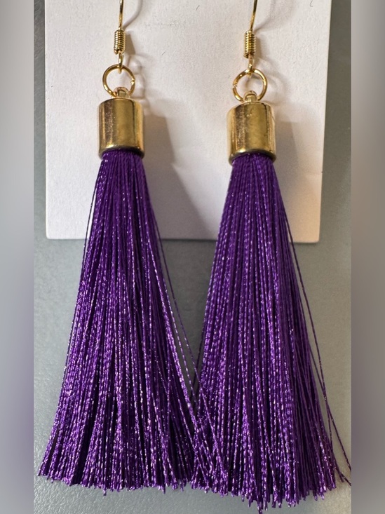 Jewelry - Purple Tassel Drop Earrings with gold tone accents statement earrings summer fun